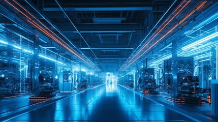 Futuristic smart factory with robots, humans, and advanced tech under cool blue lights. generative ai