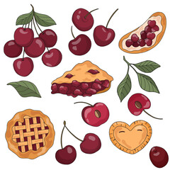 Cute vector set with cherry berry and pastry: pie, cookie, toast