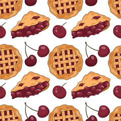 Juicy seamless pattern with cherry pie and berries. Vector illustration