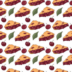 Tasty seamless pattern with cute cherry pie. Vector illustration