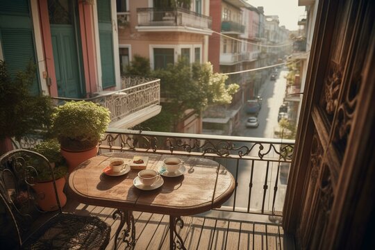 Beautiful Street View From Balcony With Tea Table. Generative AI