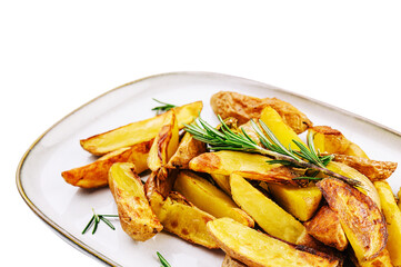Fried potatoes with rosemary on plate