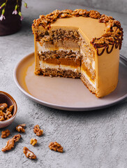 Fancy layered walnut cake with caramel