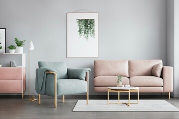 Fototapeta premium Interior mockup with picture frame on a Wall. Living room in pastel colors with sofa and painting on a wall 3D render.