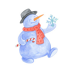 Funny snowman in a hat and red scarf. With a snowflake in hand
