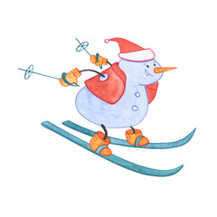 funny snowman skiing in christmas hat