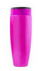 Pink plastic bottle with shampoo gel on white background