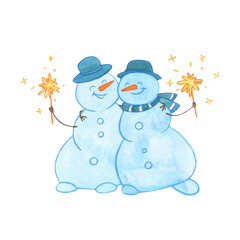 Two funny snowman. with fireworks
