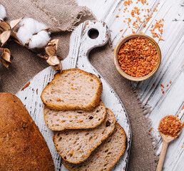Fresh slice bread on wood top view