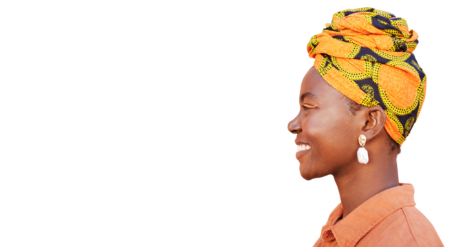 Beauty profile, black woman and smile with turban isolated on a transparent png background. African, female model and happiness with head scarf for traditional culture, stylish fashion and makeup.