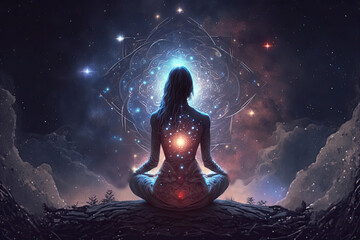 Fototapeta na wymiar Yoga concept with back view woman sitting in lotus pose against starry sky background AI generated