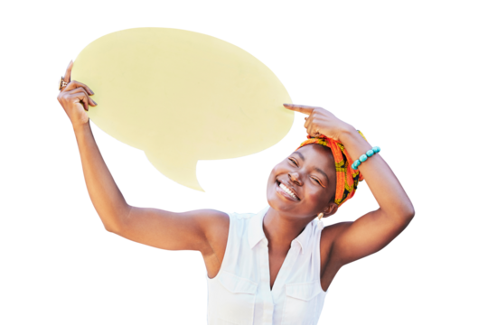 Social media, speech bubble and portrait with a black woman isolated on a transparent background. Funny, pointing and announcement with a happy young african person holding a option poster on PNG