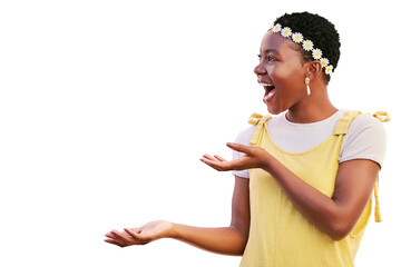 Woman, excited and palm for advertising wow mockup space isolated on a transparent, png background....