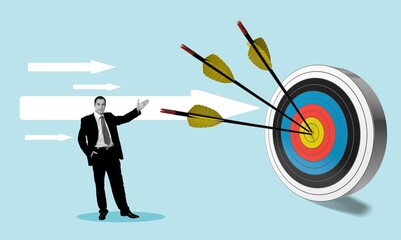 Businessman with dart at the target, targeting focus concept.