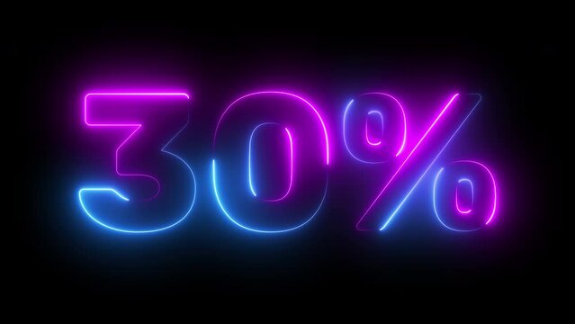 30 percent neon glowing sign on black background loop animation