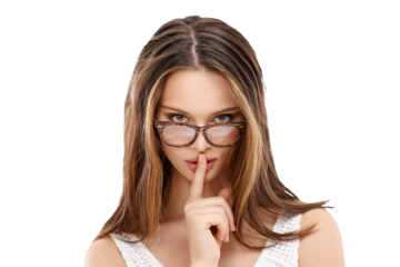 Woman has secret, finger to lips and confidential signal with portrait isolated on transparent, png background. Female model in glasses, mysterious and whisper with emoji, silence and quiet gesture