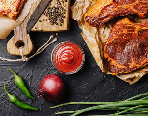Marinated t bone beef steak top view