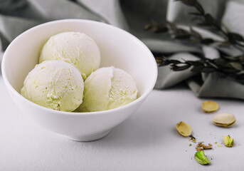 Bowl of delicious pistachio ice cream