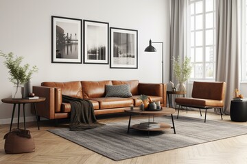 Naklejka na ściany i meble Mockup of modern living room with brown sofa and black accessories on white background. 3D render. Generative AI