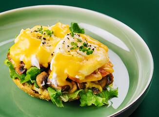 Tasty egg Benedict on green plate