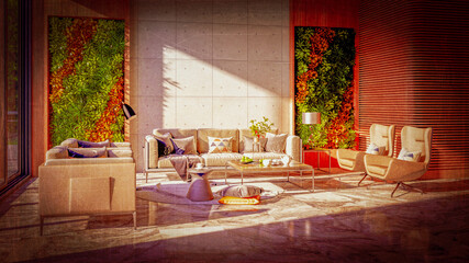 Large luxury modern bright interiors home Living room mockup banner vintage illustration 3D rendering