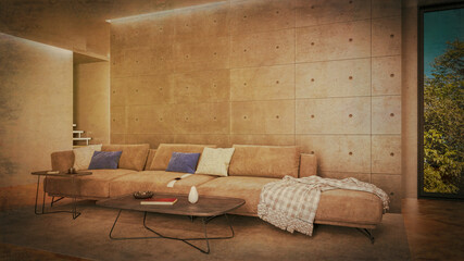 Large luxury modern bright interiors home Living room mockup banner vintage illustration 3D rendering