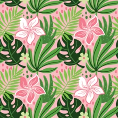 Zelfklevend Fotobehang Exotic flowers and plants on pink background. Summer print. Vector. © Ekaterina