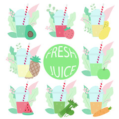 Fruit and vegetable detox smoothies. Set of Fresh juices in plastic cups for menu, cover, special offer and another ideas of design. Vector illustration in flat style. 