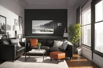 Interior mockup with picture frame on a Wall. Living room in pastel colors with sofa and painting on a wall 3D render.