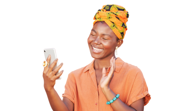 Black woman, video call and phone isolated on a transparent png background for virtual communication. Happy person waves hello on mobile app for social networking, conversation and online web chat