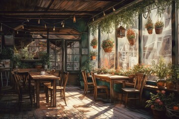 Fototapeta na wymiar Watercolor of cafe outdoors made with paint. Generative AI