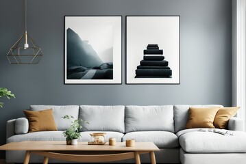 Interior mockup with picture frame on a Wall. Living room in pastel colors with sofa and painting on a wall 3D render.