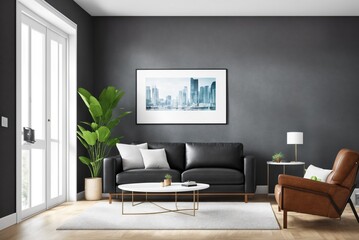 Interior mockup with picture frame on a Wall. Living room in pastel colors with sofa and painting on a wall 3D render.