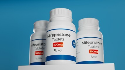 Mifepristone tablets in bottle. RU-486 Medical abortion pills. Used in combination with...
