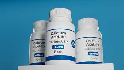 Calcium acetate tablets in bottle. Hyperphosphatemia treatment in kidney disease patients. 3D...