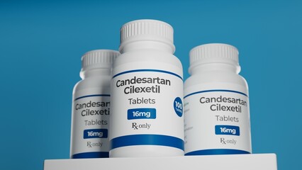 Candesartan cilexetil tablets in bottle on blue background. Hypertension treatment drug. 3D rending.