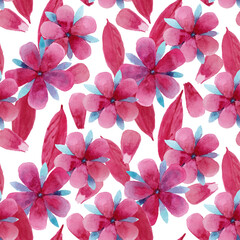 Seamless bright pink floral watercolor pattern with leaves