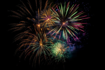New year fireworks isolated on black background backdrop