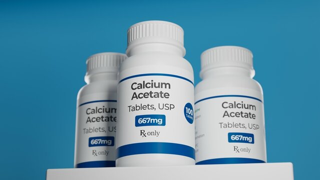 Calcium acetate tablets in bottle. Hyperphosphatemia treatment in kidney disease patients. 3D illustration on blue background.