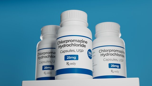 Chlorpromazine hydrochloride capsules in bottle. Antipsychotic medication. 3D illustration.