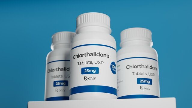 Chlorthalidone tablets in bottle on blue background. High blood pressure drug. .3d illustratino.
