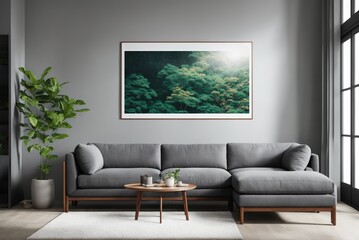 Interior mockup with picture frame on a Wall. Living room in pastel colors with sofa and painting on a wall 3D render.