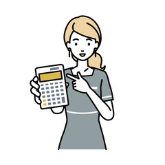 立って電卓を指差してこちらに向けて見せているエステ店員・受付・接客係の女性