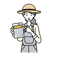 立って電卓を指差してこちらに向けて見せている農家の女性