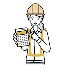 立って電卓を指差してこちらに向けて見せている工事現場の女性