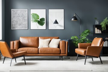  Interior mockup with picture frame on a Wall. Living room in pastel colors with sofa and painting on a wall 3D render.