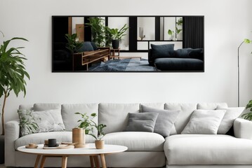  Interior mockup with picture frame on a Wall. Living room in pastel colors with sofa and painting on a wall 3D render.