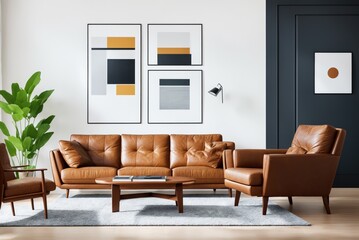  Interior mockup with picture frame on a Wall. Living room in pastel colors with sofa and painting on a wall 3D render.