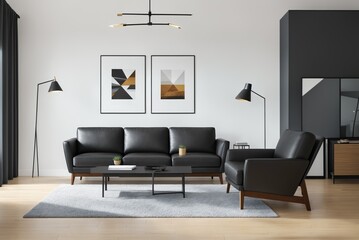  Interior mockup with picture frame on a Wall. Living room in pastel colors with sofa and painting on a wall 3D render.