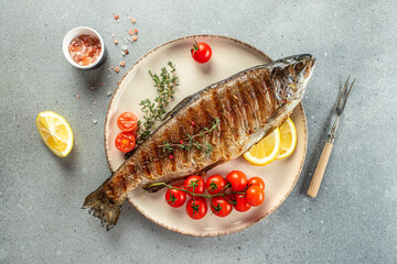 Baked Trout. Healthy food concept. place for text, top view